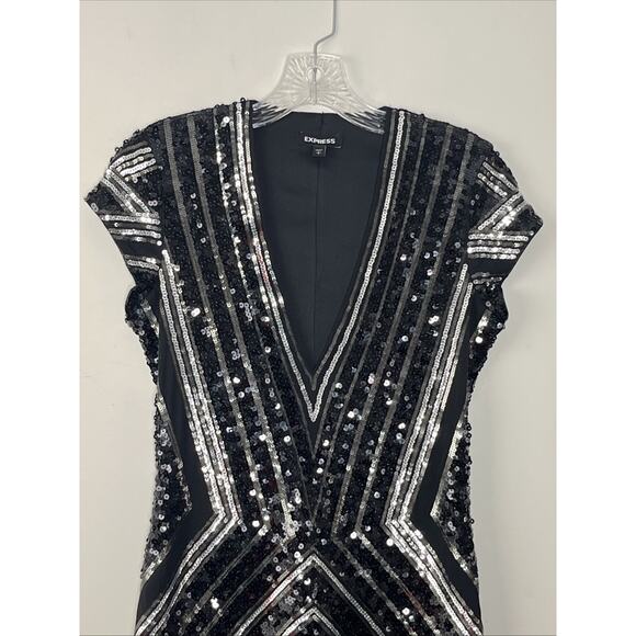 Express Sequin Bodycon Mini Sheath Dress Small Deep V Stretch Cocktail Evening - Picture 3 of 12